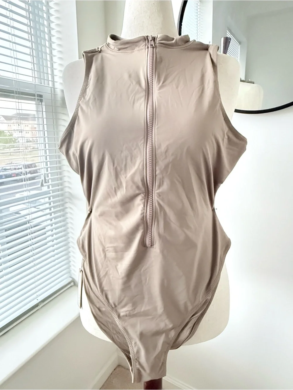 SKIMS Sleeveless Front-Zip Bathingsuit in color Desert - Picture 4 of 11